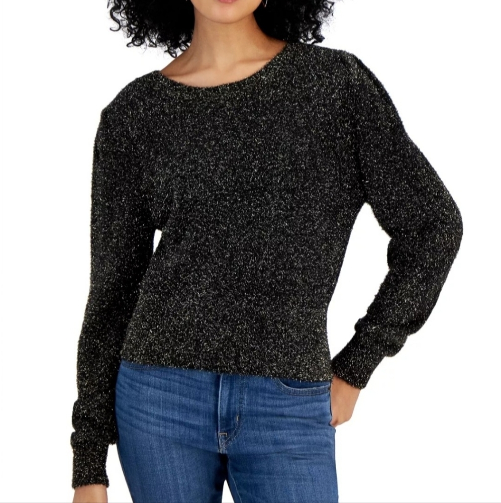 Crave Fame Black Metallic Eyelash-Knit Sweater Size S